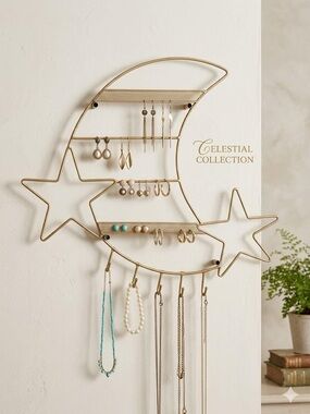 Gold Celestial Crescent Moon & Stars Jewelry Organizer 15" Wall Mounted